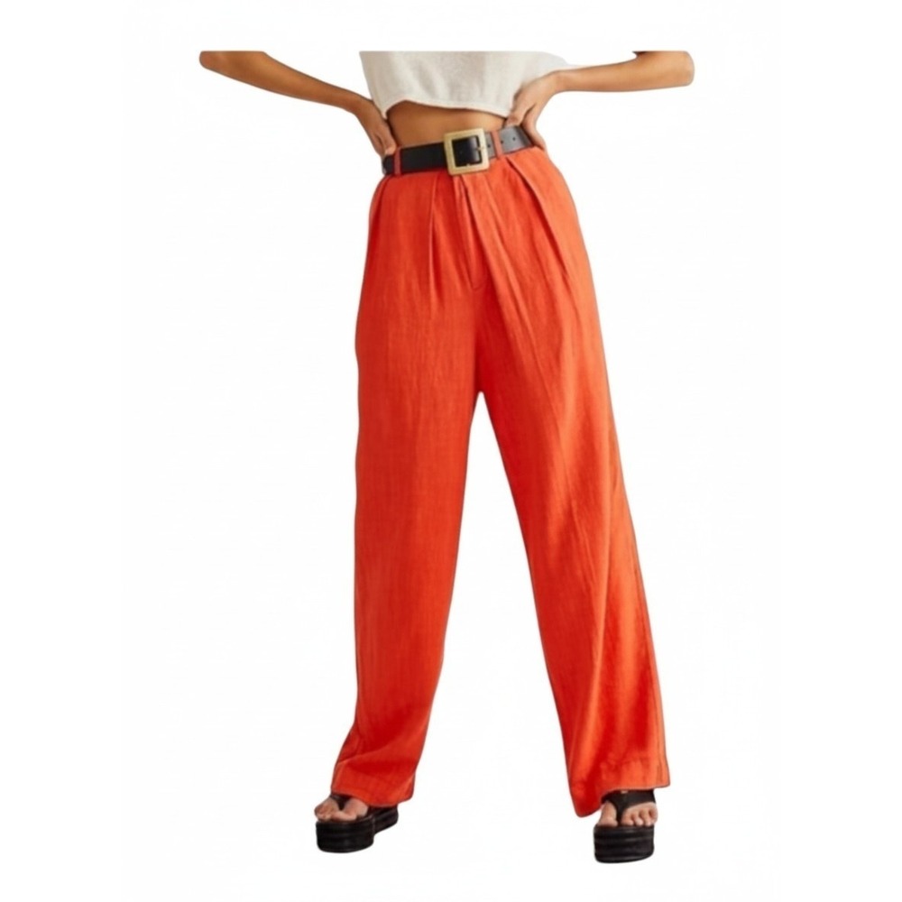 Free People Free In You Orange Pleated Wide Leg Linen Blend Pants Pumpkin - XS